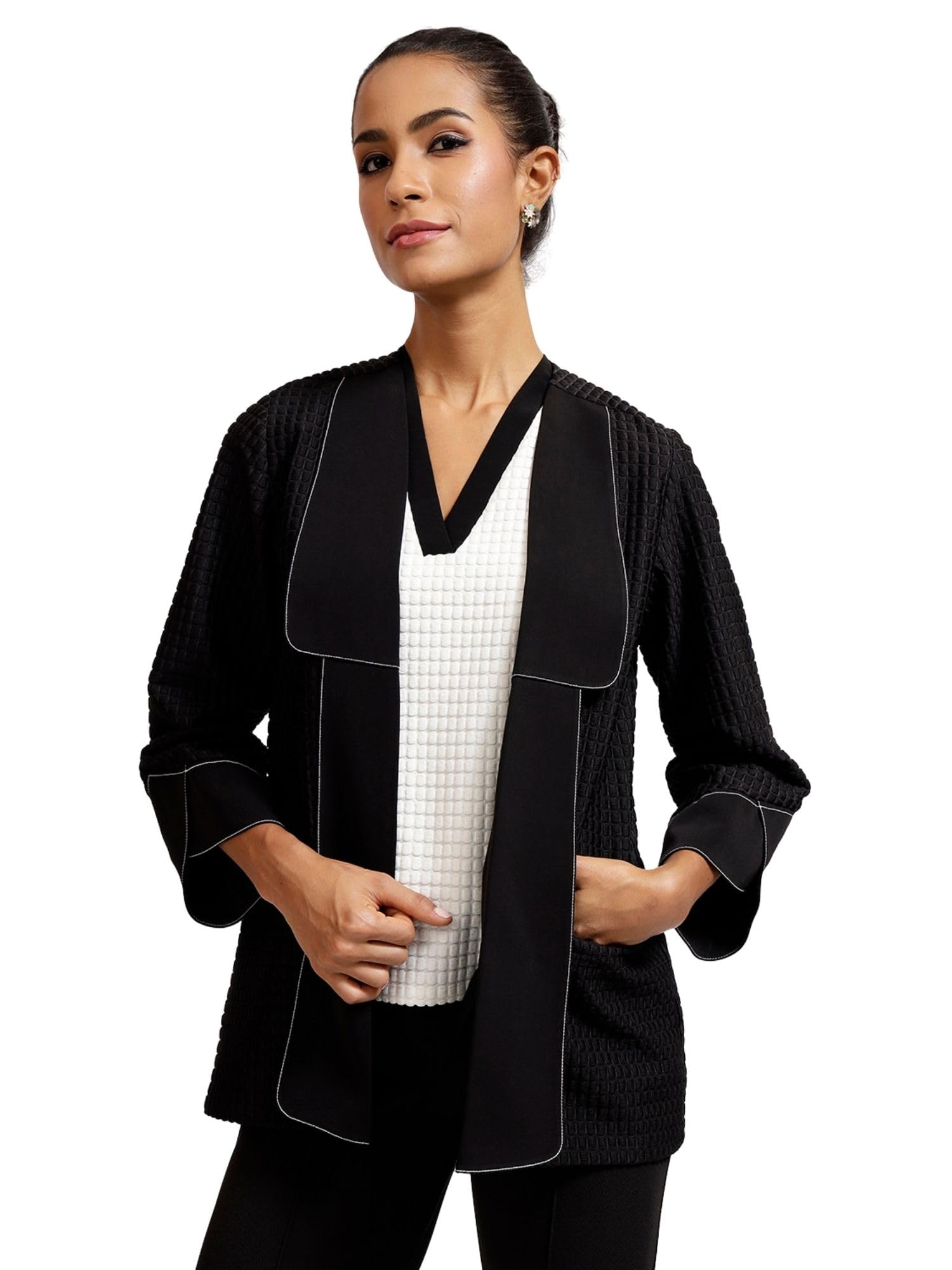 Women's Asymmetrical Textured Shrug | Stylish Open Front Layering Jacket | Smart Casual & Office Wear-picture-49