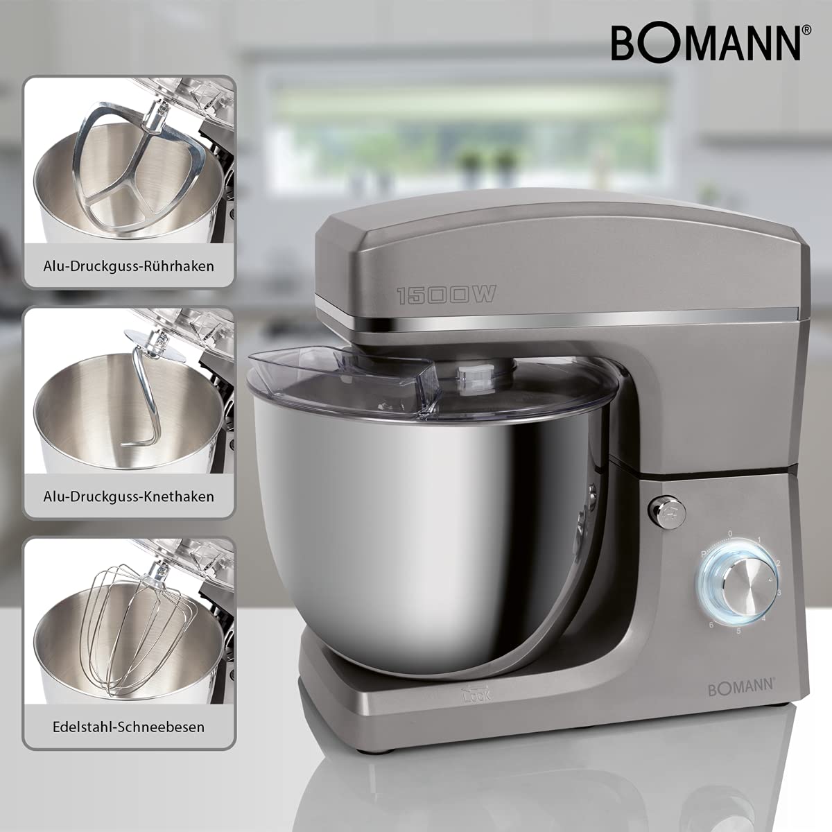 Bomann KM 660361 CB Impastatrice 1500 W, 8 velocità, ciotola in acciaio inox da 10 litri, portata max. 6-6,5 kg, coperchio paraspruzzi con apertura di ricarica, titanio