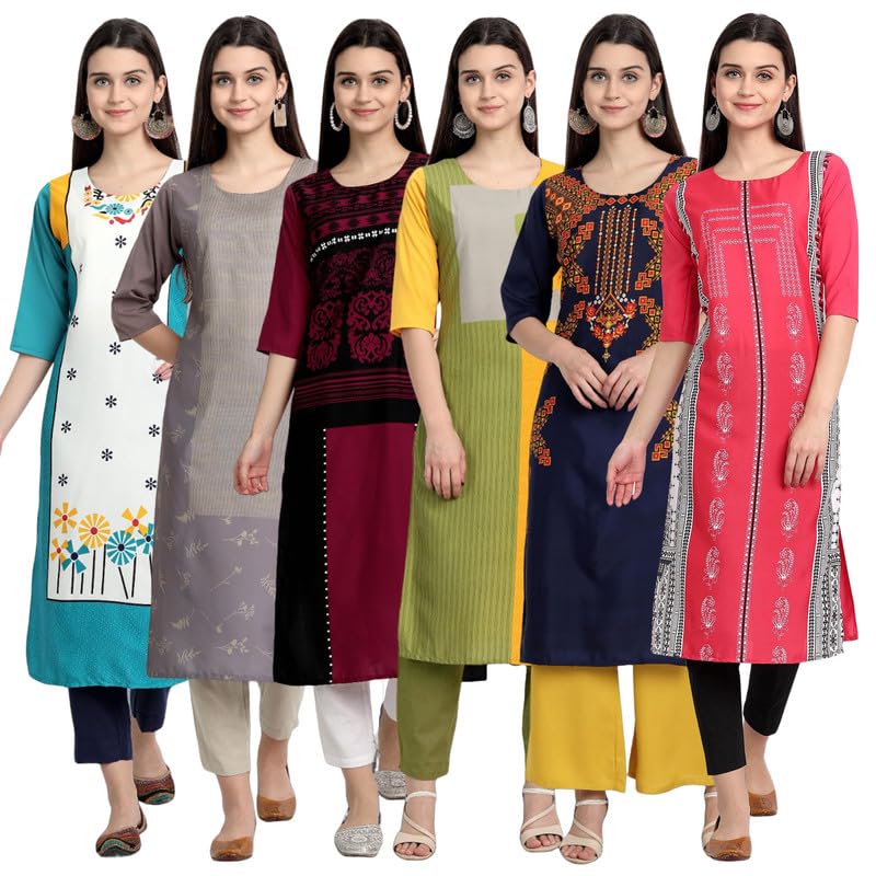 Pinkmint Elegant Printed Crepe Kurti's For Women's Ll Fashionable Kurti Ll Stright Round Neck Kurti (Pack Of 6)