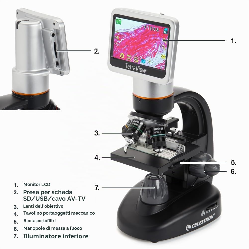 Celestron 44347 TetraView LCD Microscopio digitale touchscreen, Ingrandimento 40x-400x, Nero/Argento
