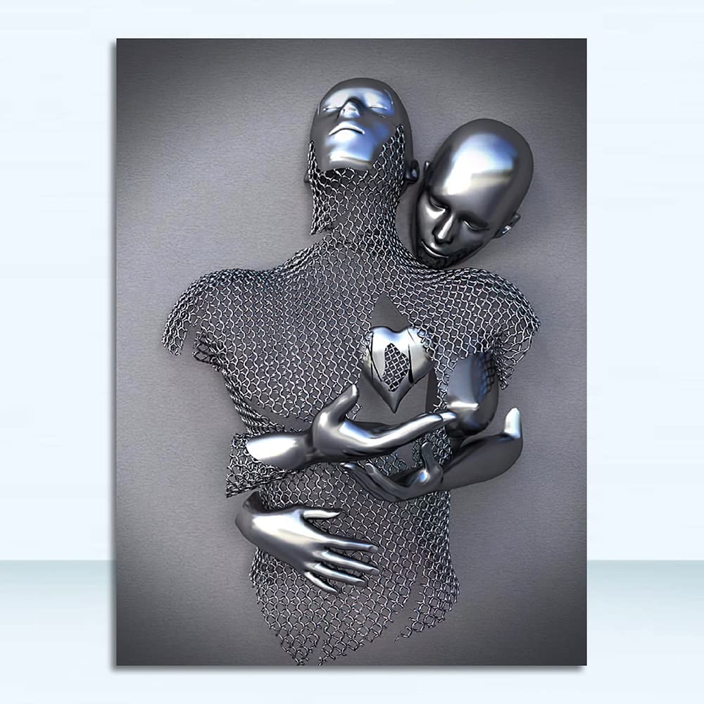 Youihom 3 Tableau Portrait Statue Metal Abstrait Impression sur Toile Gris Affiche Amour Couple Sexy Romantique Salon Décoration Murale 3d Poster Chambre Adulte Moderne Cadeau sans Cadre (50x70cm)