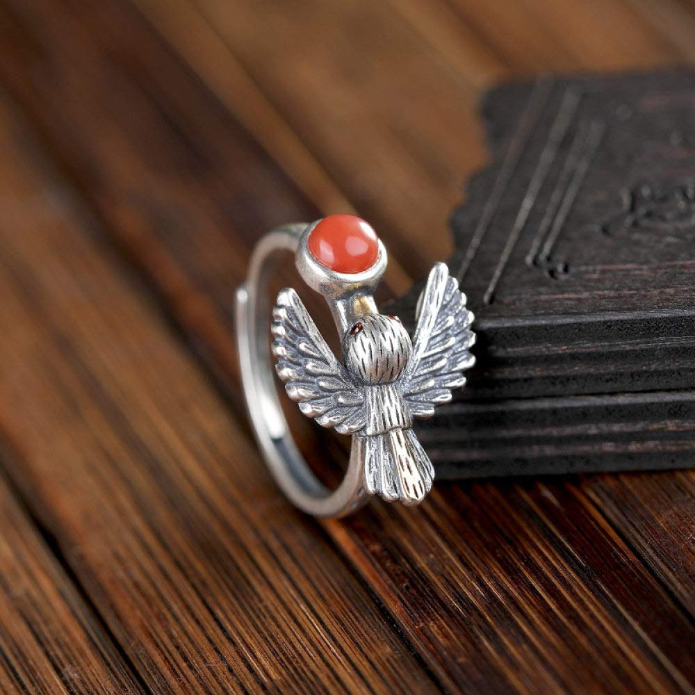 Vintage Estilo Chino S 925 Anillo De Plata Mujer Inlay Abierto Bird Ágata Roja Regalo Creativo De Moda De Tendencia De Personalidad Temperamento Elegante