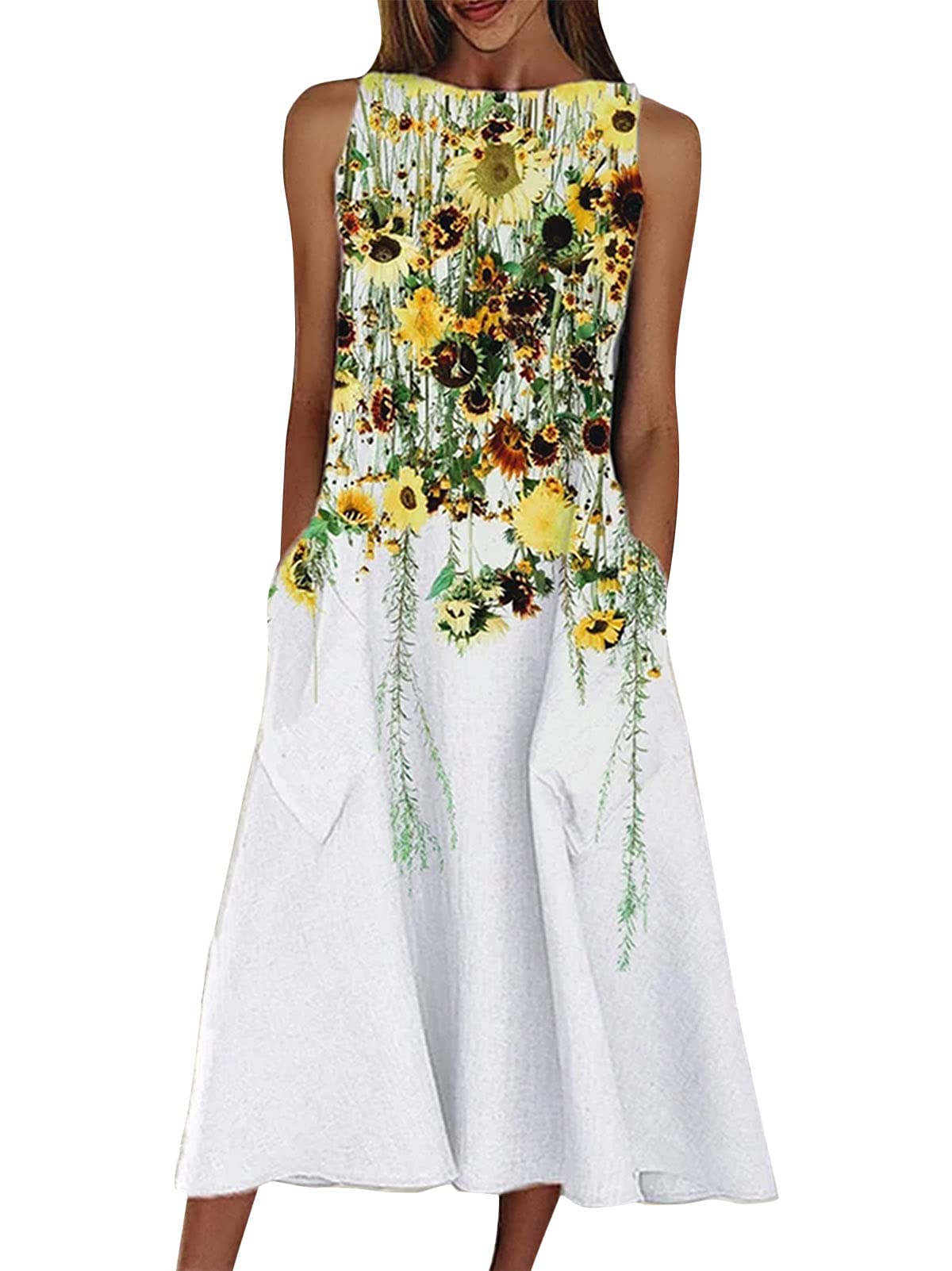 Tomwell Vestido para Mujer Estampado Floral Primavera Verano Tallas Grandes Sin Mangas Vestidos Cuello Redondo Casual Dress