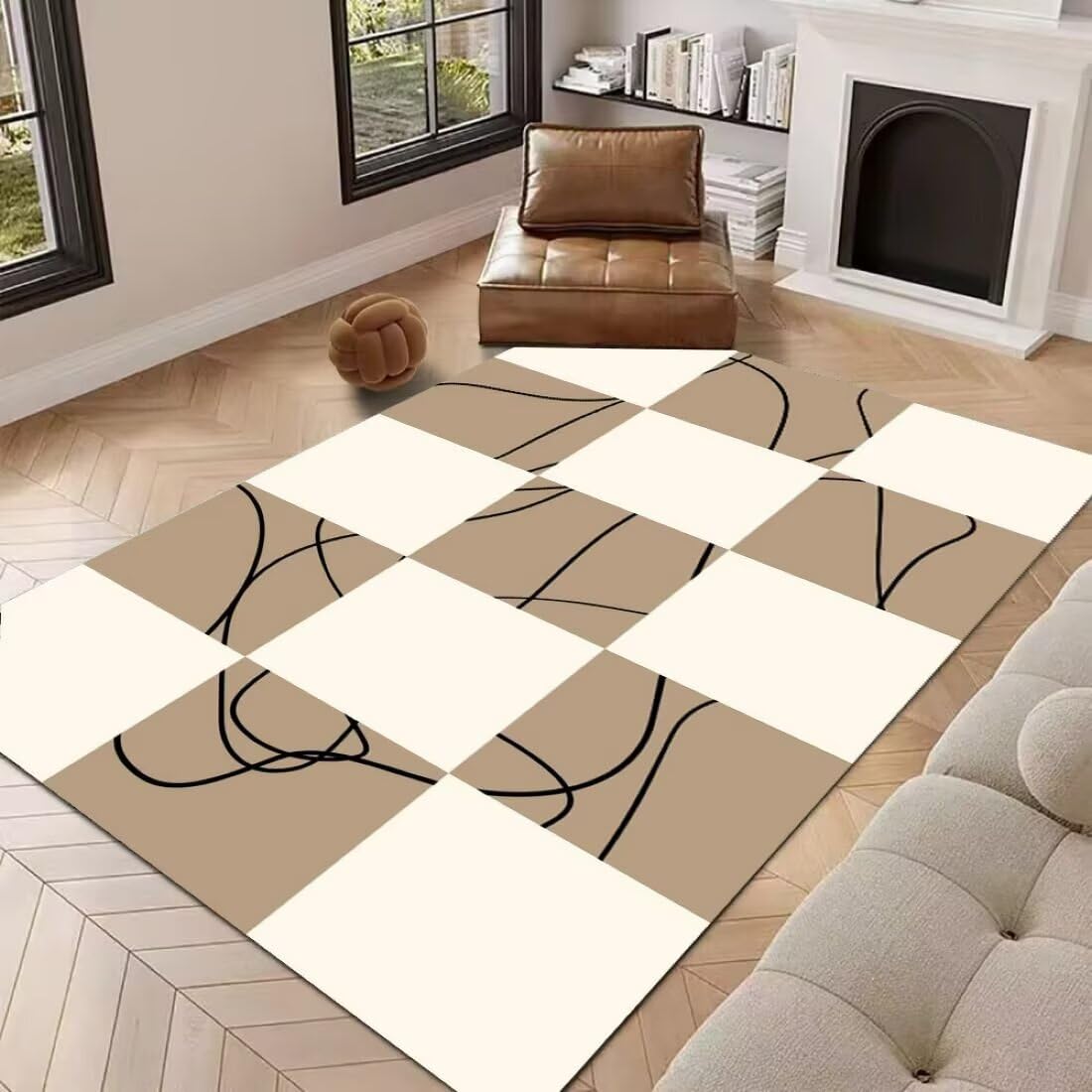 Tapis de salon moderne tapis de sol design grille noire 70x140