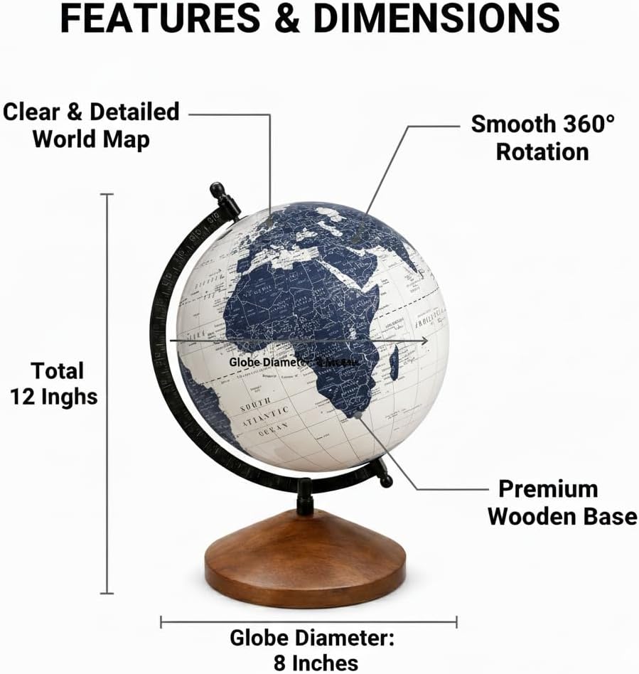 Safari Series Vintage World Globe | Premium Monochrome Desk with Wooden Base | Educational & Home Decor | Smooth 360° Rotation