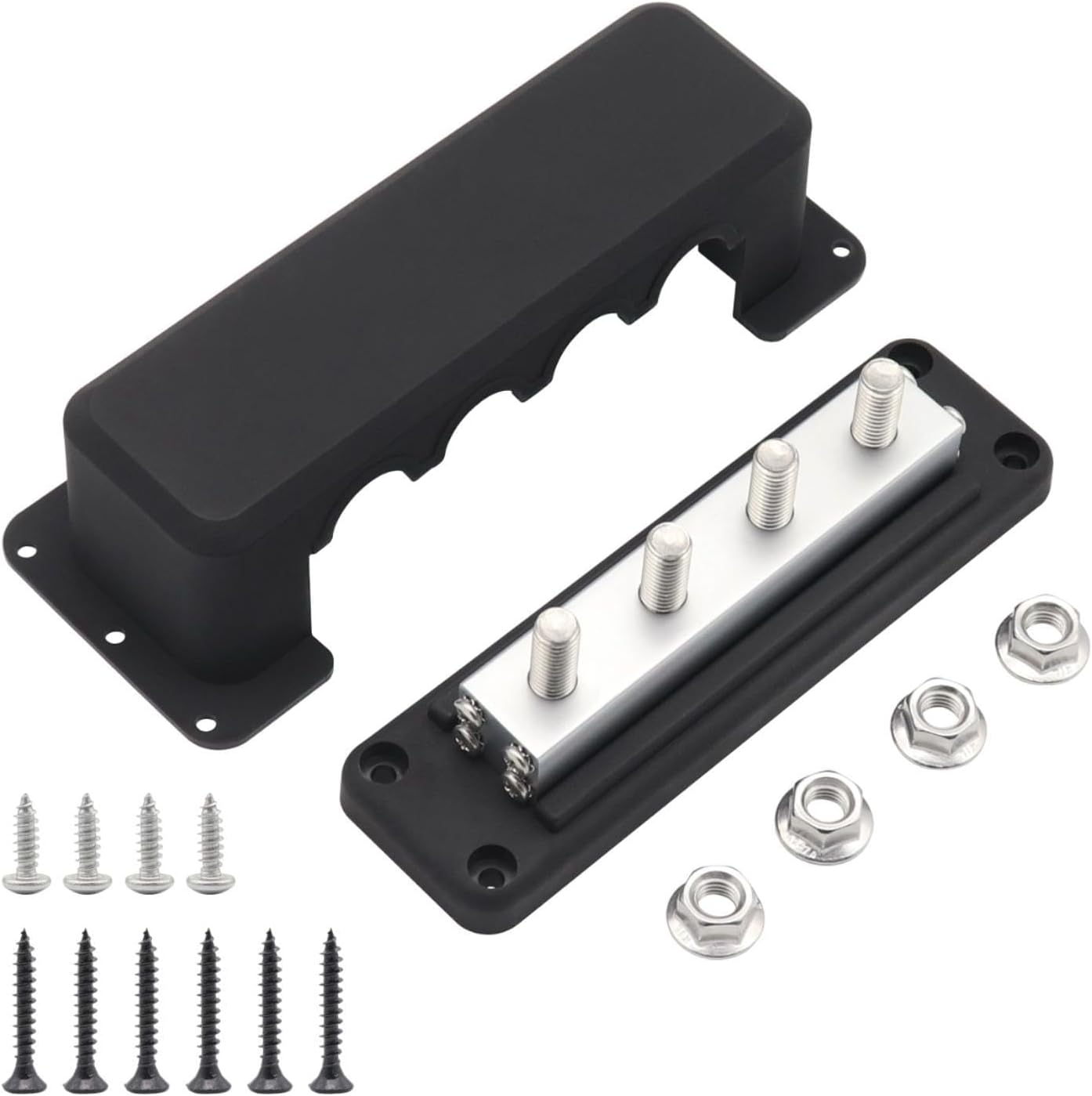 Power Distribution Block Bus Bar 3/8" 4 Stud Easy to Connector with Cover Terminal Block for Truck Car Busbar Vehicles, Red(Black)