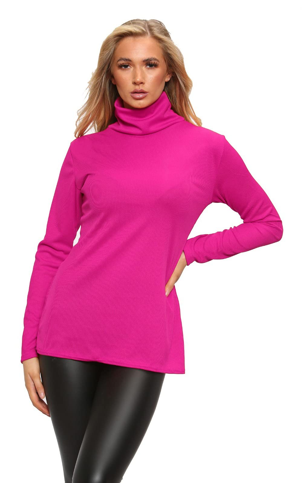 Womens Polo Turtle High Roll Neck Plain Ribbed Long Sleeve Ladies Stretch T-Shirt Top (12-14, Cerise)