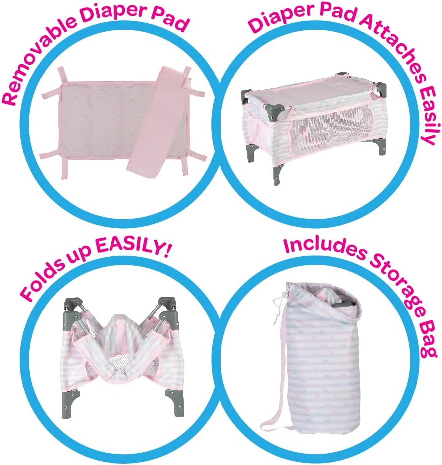 Adora Baby Doll Crib Pink Deluxe Pack N Play 7-Piece Set Fits Dolls up to 20 inches, Bed/Playpen/Crib, Changing Table, 3 Clouds and Storage Bag : Toys & Games