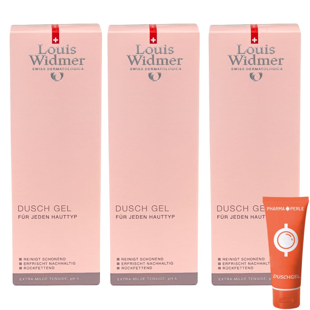 Louis Widmer Duschgel, 3x 200 ml I leicht parfümiert I Milde und sanfte Reinigung I empfindliche Haut I Feuchtigkeit I pH-hautfreundliche Pflegedusche I Spar-Set plus Pharma Perle give-away