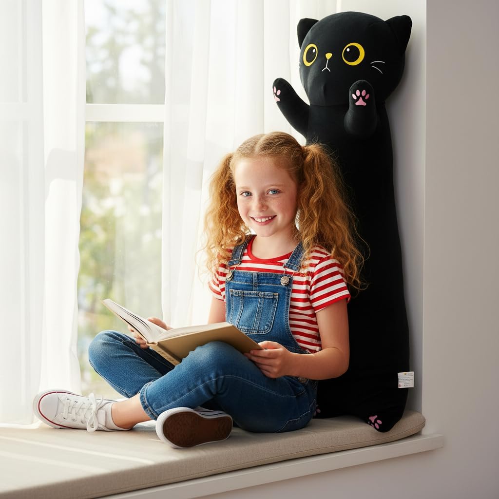 Long Cat Plush, Soft Black Cat Pillow Cute Stuffed Animal Toy Hugging Pillow Birthday for Kids Adults (110cm/43.31inch)