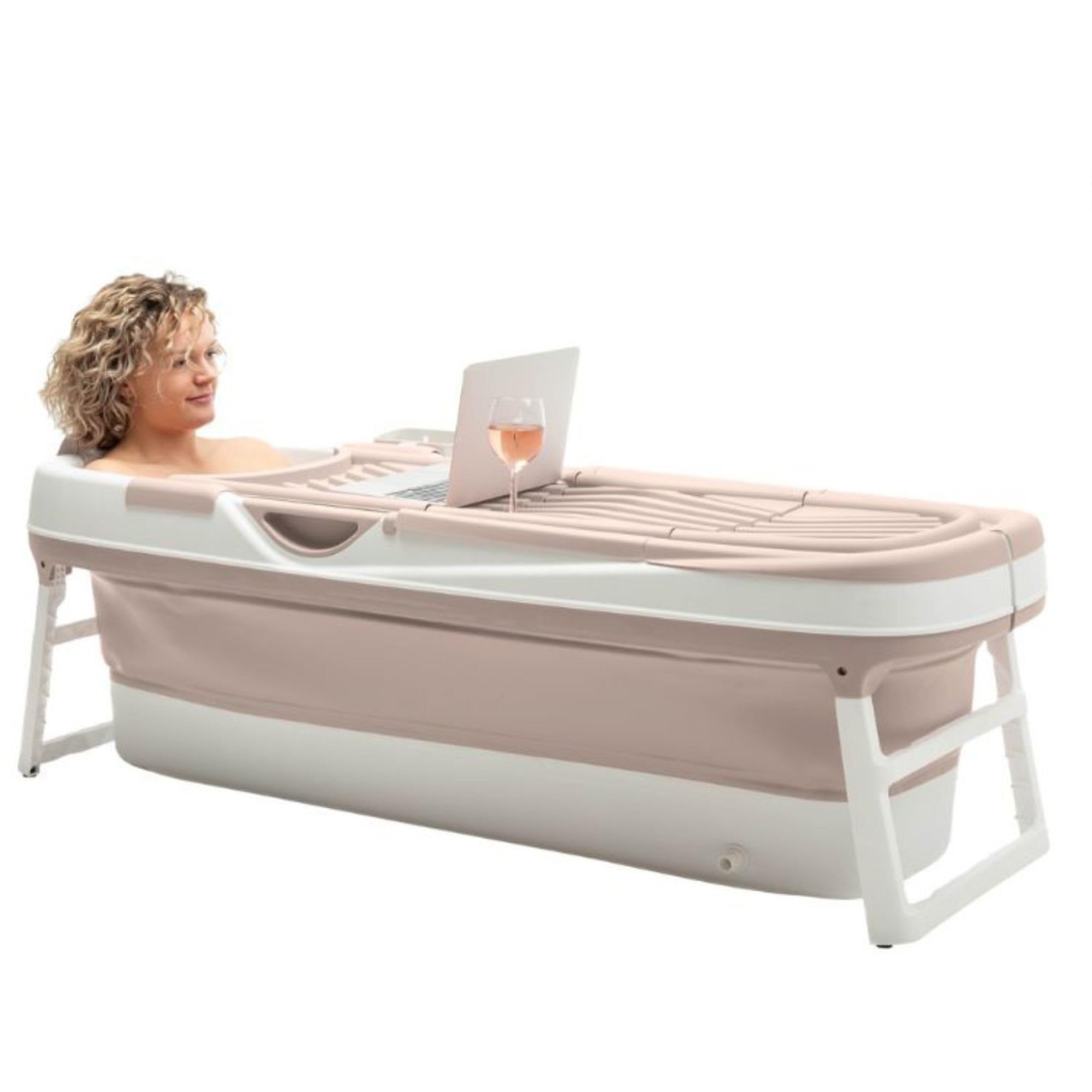 HelloBath® Bañera Plegable XXL 157x60x48 cm para Adultos | Bañera Portátil con Cojín de Baño, Bolsa de Almacenamiento, Luz LED & Rodillos de Masaje | Móvil para Ducha & Exterior | Arena