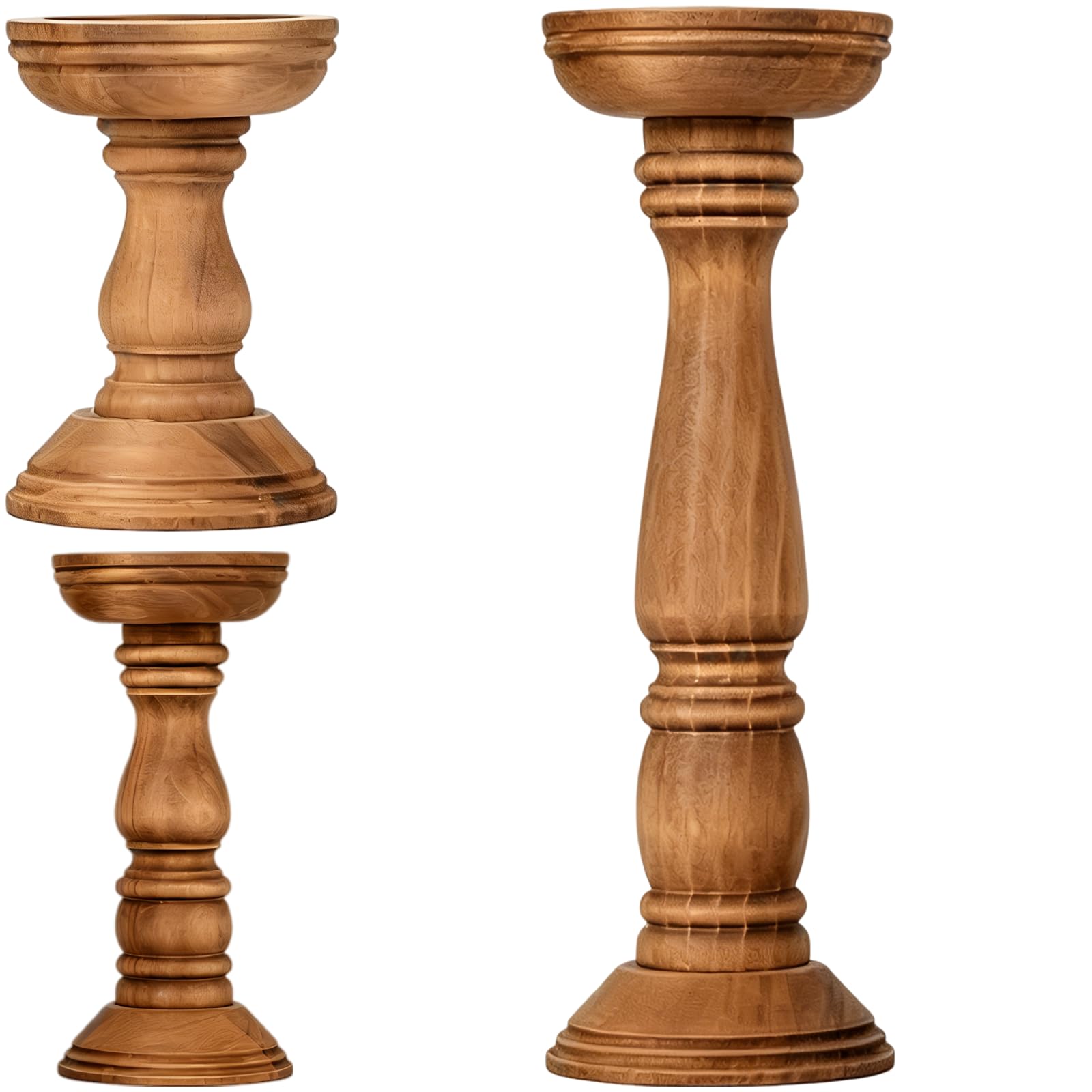 3 STK. Stumpenkerzenhalter-Set, Holzdesign im Landhausstil mit Walnussfinish, in DREI Höhen für Hochzeitsdeko und Kaminsims, dekorativ für Tisch, Regal und Wohnbereich