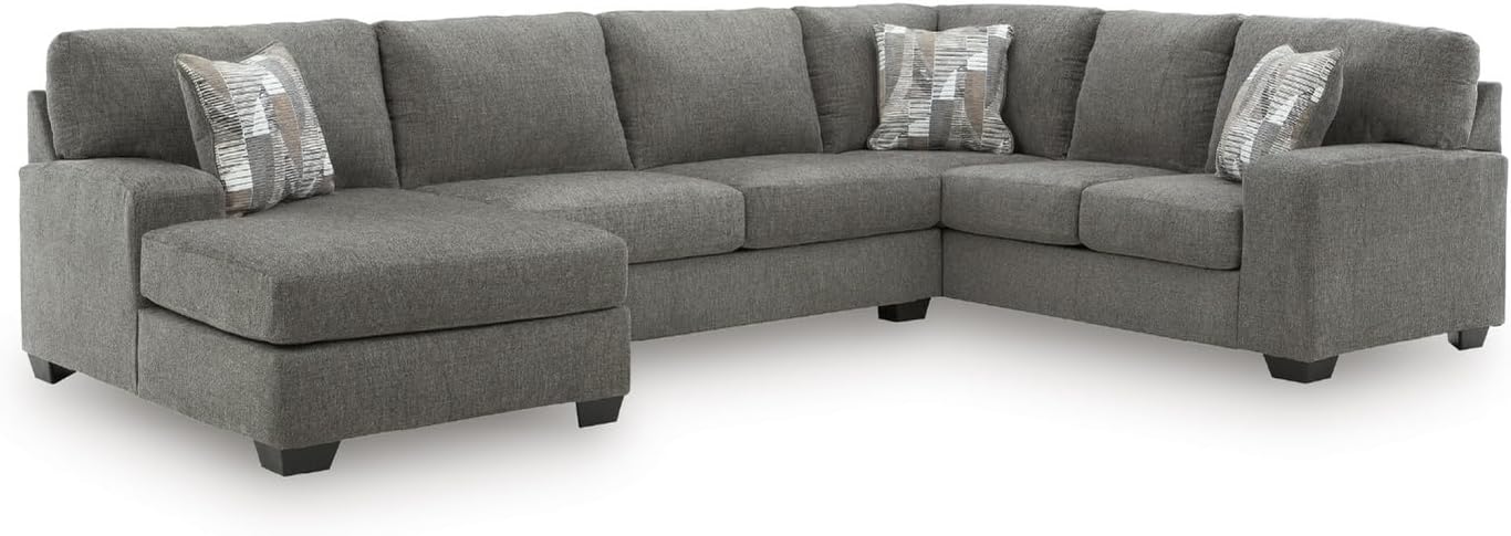 Signature Design by Ashley Seyler Lane Modern 2-in-1 Convertible 3-Piece Sleeper Sectional with Double Chaise, Loose Seat Cushions, Bi-Fold Memory Foam Mattress and 2 Accent Pillows, Full, Gray