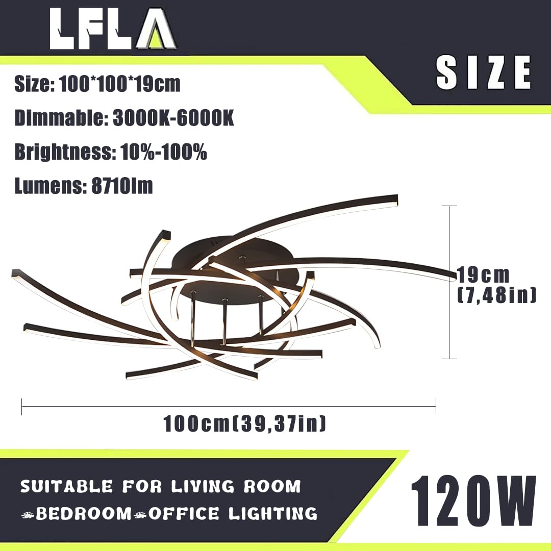100cm Dimmbare LED Beleuchtungslampe 120W Schwarz/Weiß Wohnzimmerlampe Moderne LED-Deckenleuchte mit Fernbedienung Semi-Flush Mount Feuerwerk designer Innenbeleuchtung Wohnzimmer Decken Lamp (Schwarz)