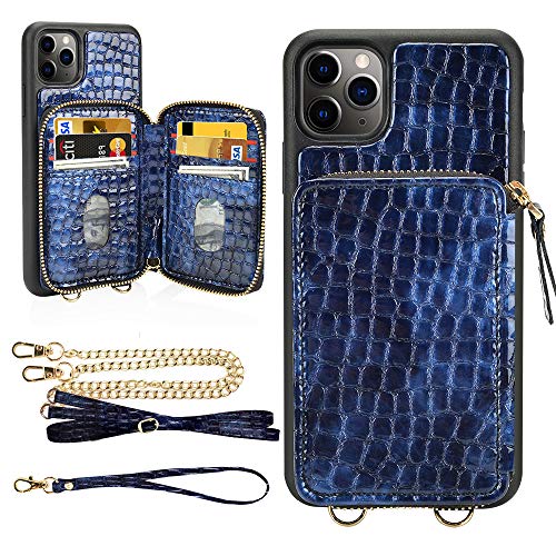 LAMEEKU iPhone 11 Pro Max Wallet Case, iPhone 11 Pro Max Card Holder Case, Stone Pattern Zipper Leather Case with Credit Card Slot Crossbody Chain, Protective Cover for iPhone 11 Pro Max 6.5'' - Blue