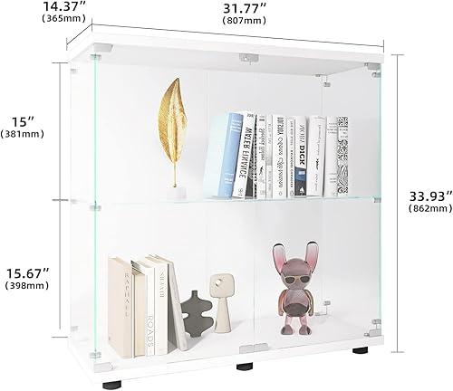 Miniatura 3 de Vitrina de cristal de dos puertas, 2 estantes con puerta, estantería Curio de pie para sala de estar, dormitorio, oficina, 33.35 x 31.69 x 14.37