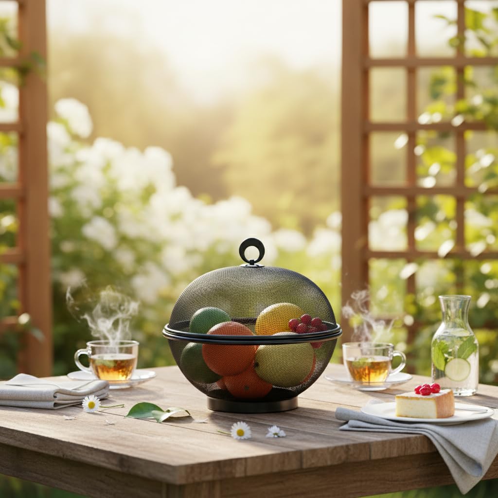 Lot de 2 Paniers à Fruits avec Couvercle - Corbeille à Fruits Anti Moucherons en Métal Maille - Panier de Rangement Ventilé pour Cuisine, Comptoir, Fruits et Légumes (Noir)