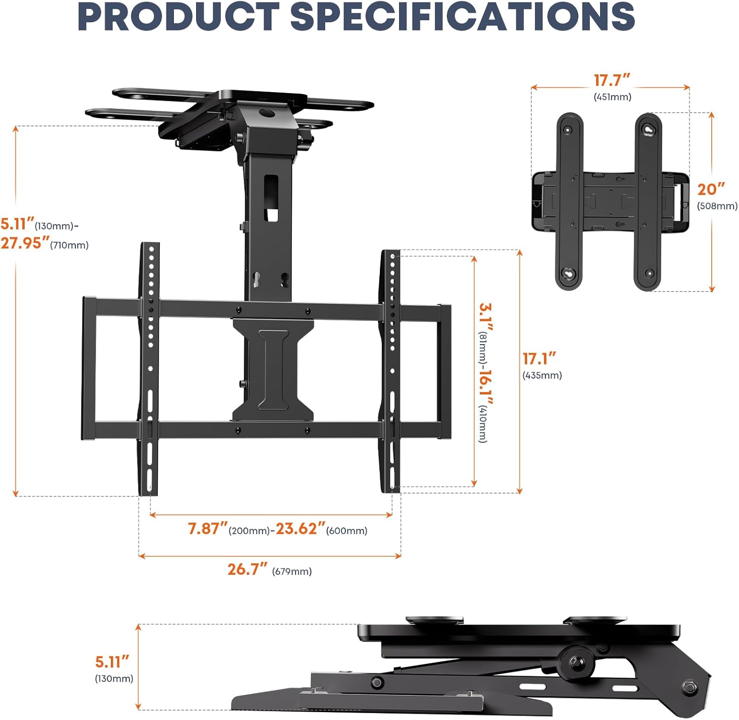 Motorized Ceiling TV-Mount Flip Down - 37 to 75 Inch Electric TV-Mount Motorized Drop Down with Remote, Max Load 99 lbs, Max VESA 600x400 mm, Black