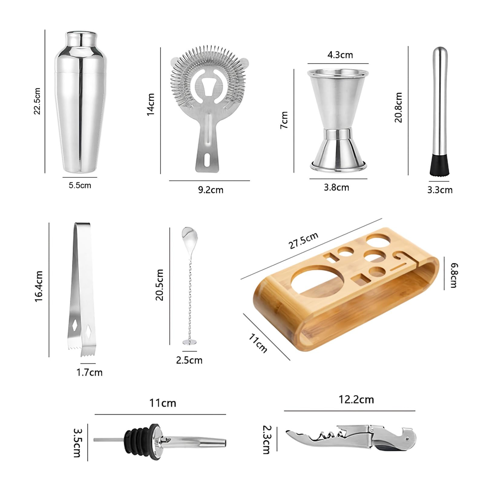 Kit da barman da 9 pezzi con supporto in bambù: set di shaker per cocktail per casa e bar, accessori da barista (M)