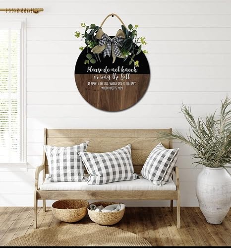 Miniatura 5 de Letrero para puerta delantera, coronas divertidas, decoración de placa de madera para colgar, decoración redonda de madera rústica, decoración de