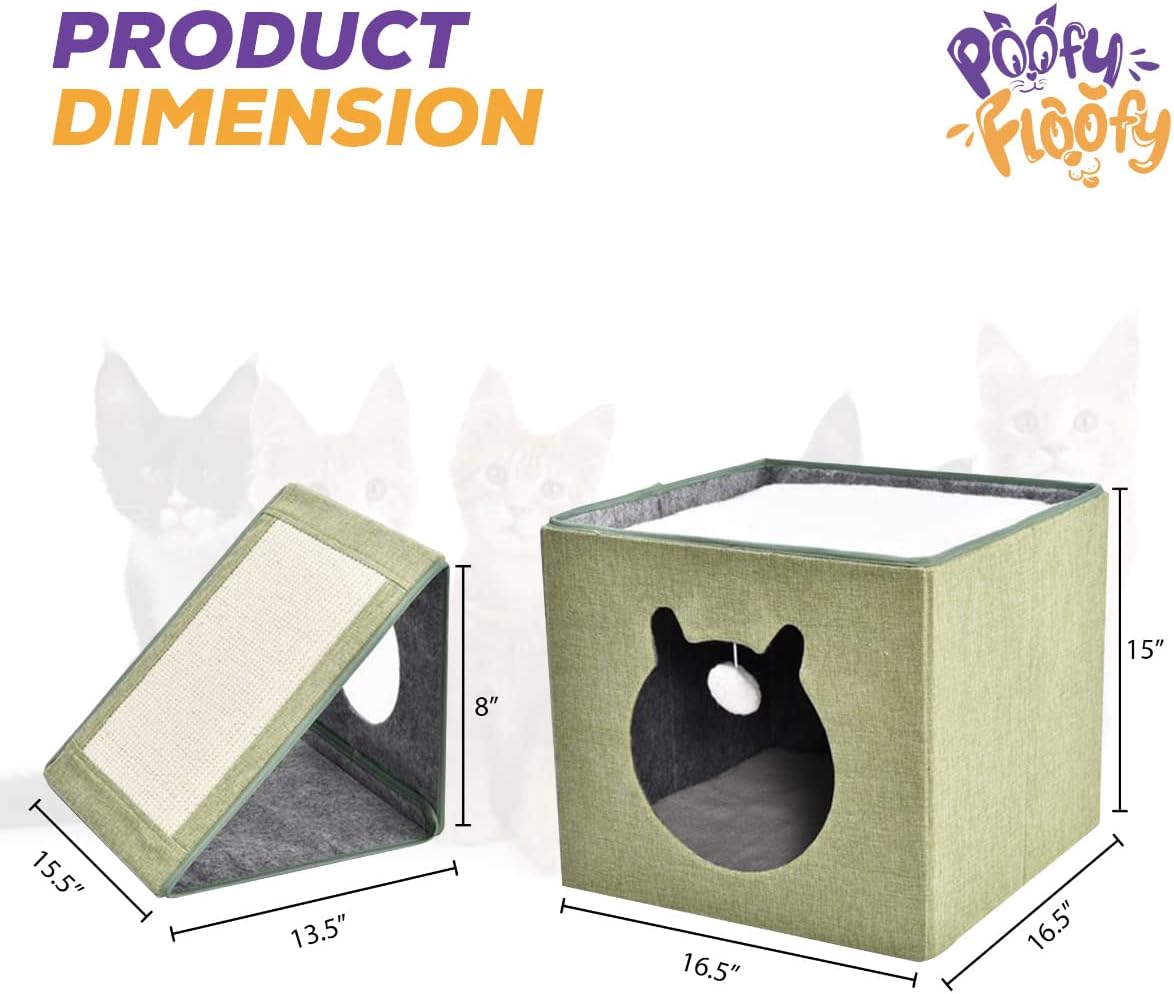 review 2 in 1 Collapsible Cat Condo House - Space Saving Cat Condo w/Scratching Post Sisal Board & Furry Ball - 2 Tier Pet Cave Bed w/Reversible Cushion for Kitties, and Small Pets (Green)