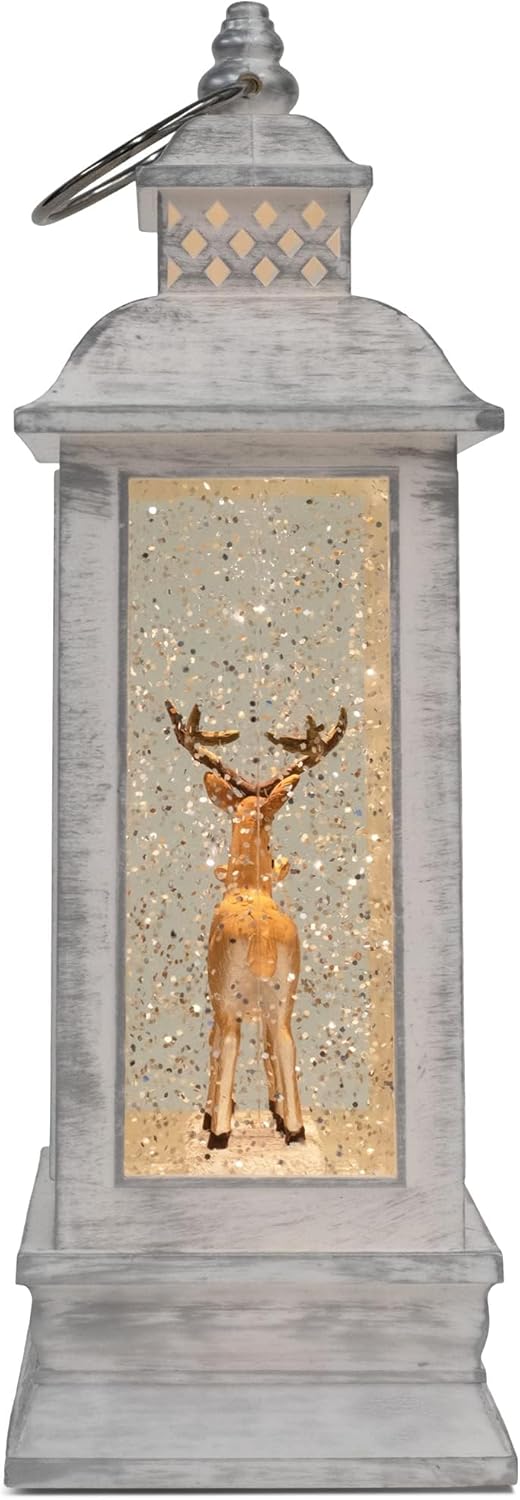 DEMDACO Distressed White Brown Deer Scene Musical LED 6 x 11 Acrylic Christmas Decorative Tabletop Snow Water Globe