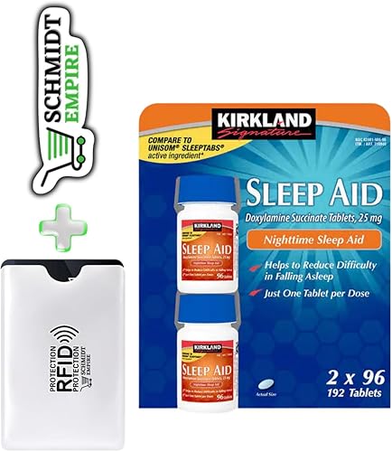 Kirkland Signature Sleep Aid Succinato de doxilamina de 25 mg (2 frascos, 96 pestañas en total 192 tabletas) + 1 protector de tarjeta SchmiidtEmpire