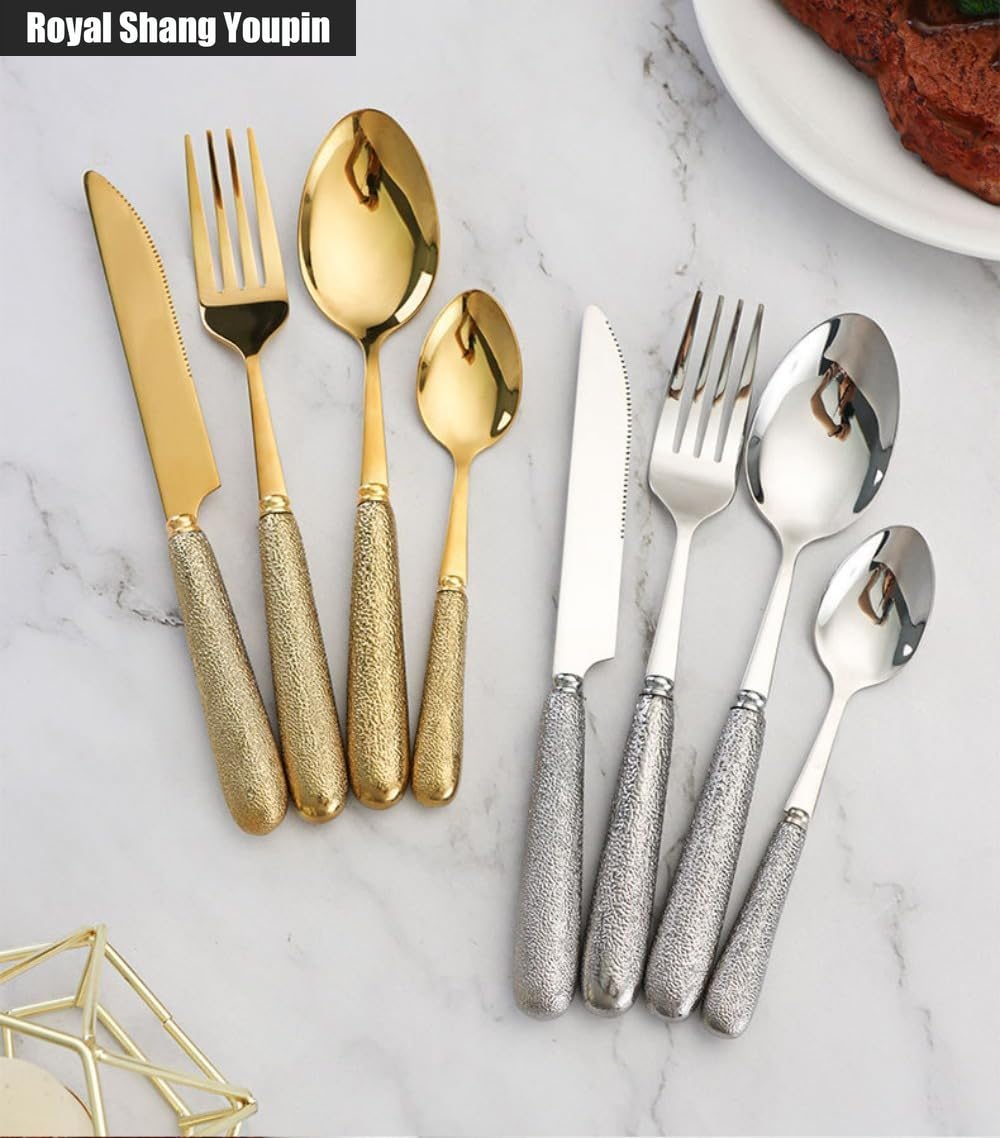 24 Pezzi Martello Grano Manico in Ceramica Cucina Acciaio Inossidabile Posate Stoviglie Posate Coltelli Forchette Cucchiai Set Per 6 Persone (Oro)