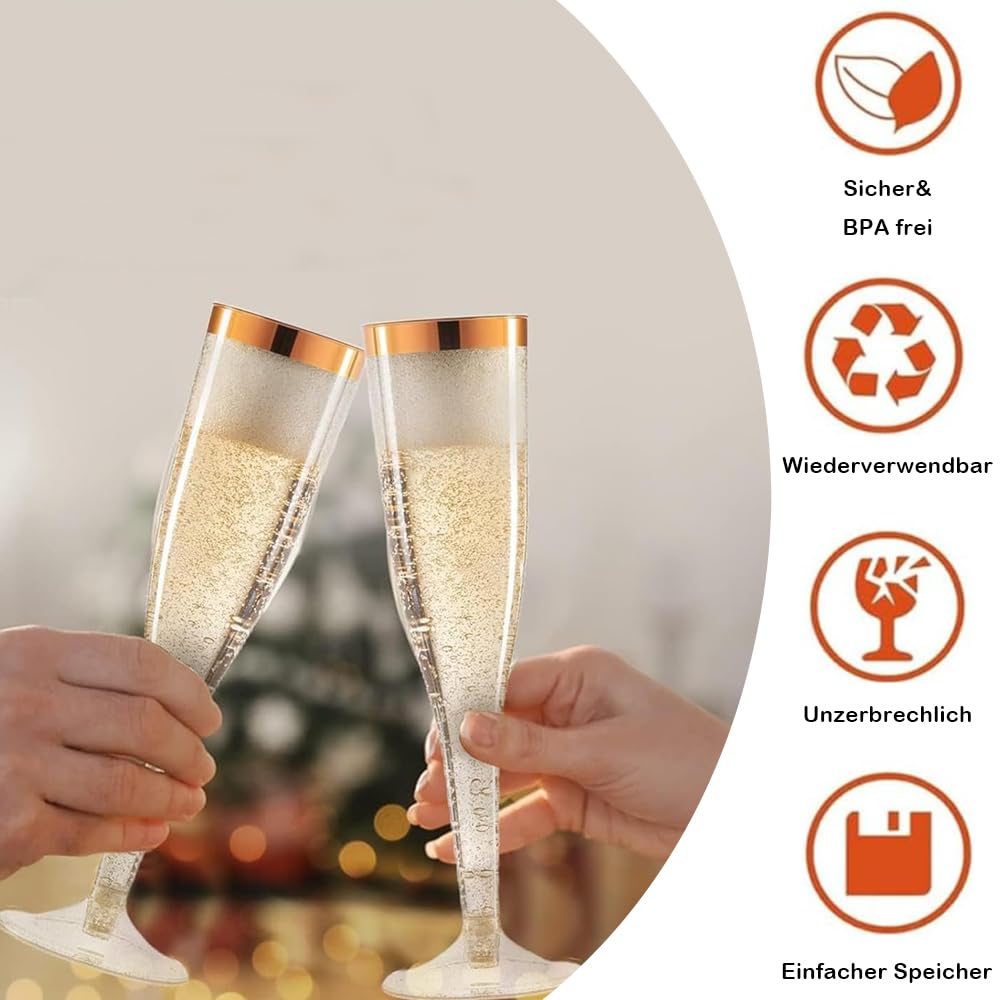 Bicchieri da spumante in plastica, 20 pezzi, 160 ml, riutilizzabili per spumante, per ricevimento di sette di matrimonio, compleanno, picnic, festa (oro)
