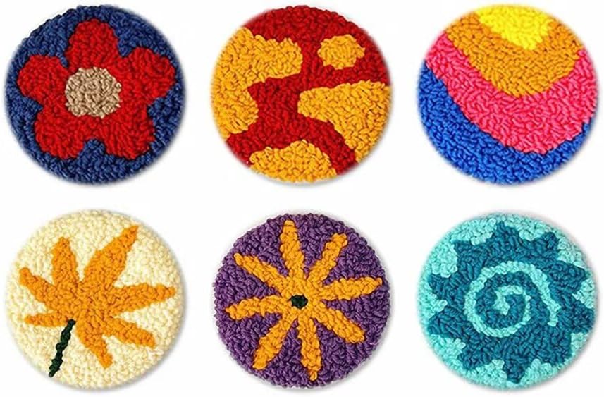 Punch Needle Coaster Kit 6 Patterns Flower Leaf Tufted Rug Pads, DIY Needle Punch Coaster Kit for Adults Beginners with Adhesive Felt Yarns Embroidery Hoop Tools Instruction