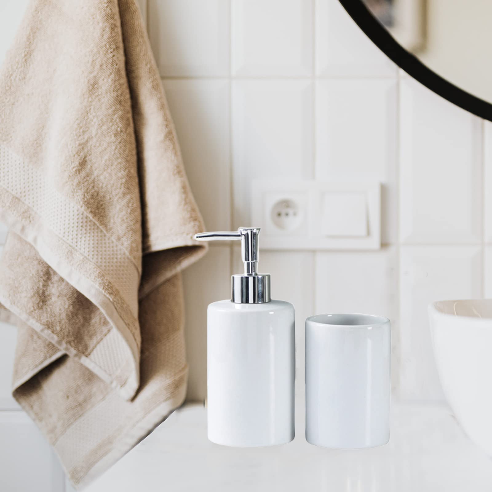 Tauzveok Soap Dispenser and Toothbrush Cup Set, Ceramic Bathroom Accessories Set, Countertop Dispenser for Liquid Soap or Lotion,White,2pcs