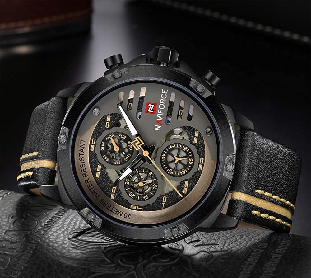 NAVIFORCE Orologio sportivo militare da uomo, impermeabile, analogico, al quarzo, cinturino in pelle, data, calendario, orologio da polso