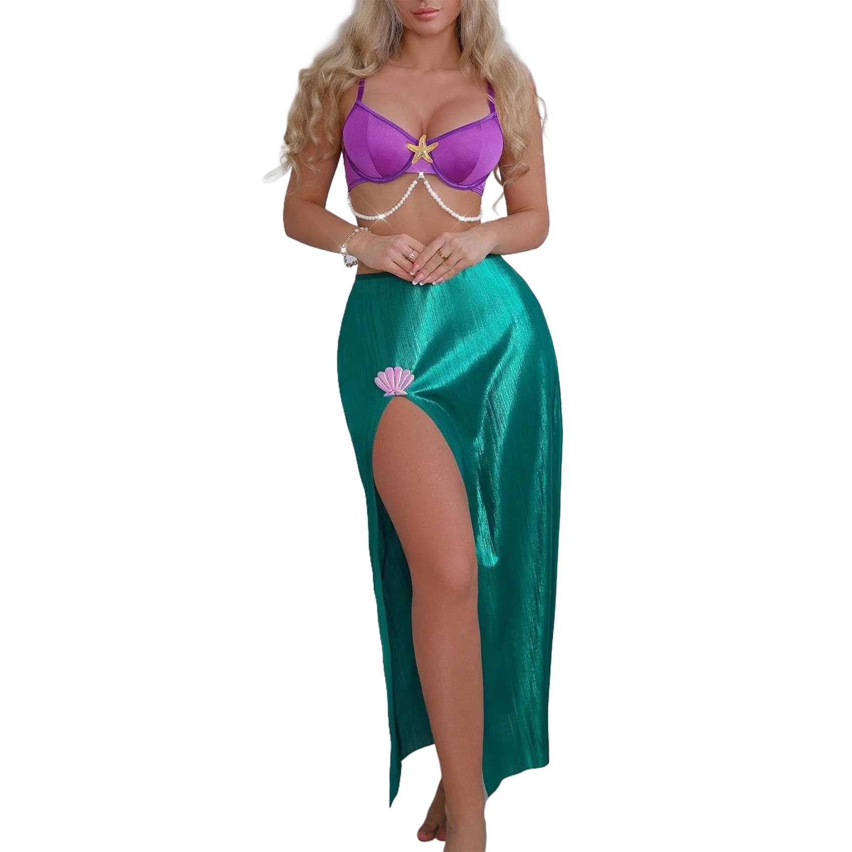 JasmyGirls Costume da principessa sirena per Halloween, da donna, a due pezzi, con reggiseno a stella marina e vestito con conchiglie