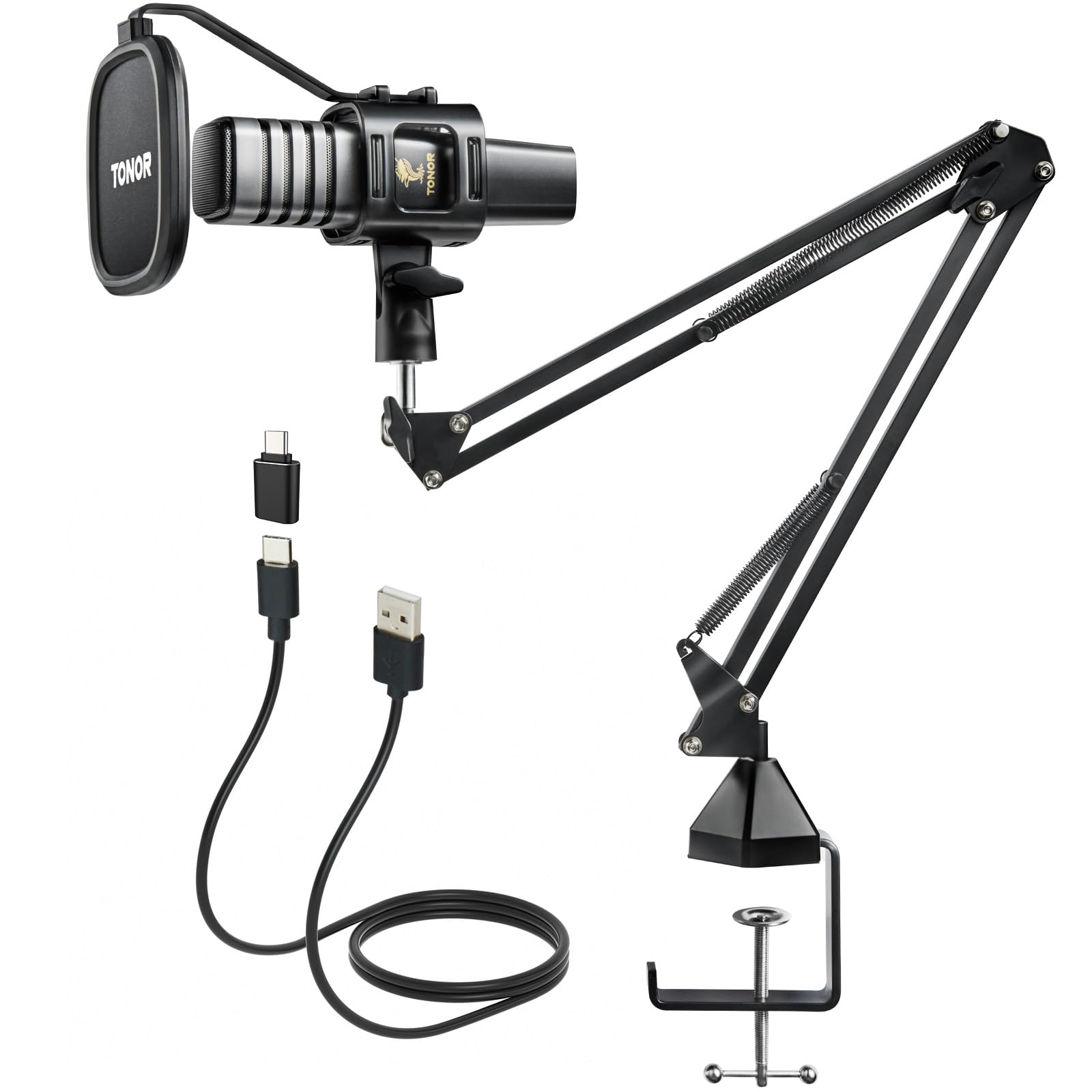TONOR PC microfono USB kit, set microfono a condensatore cardioide per recording di podcast, gaming, streaming, canto, voice over, microfono da studio con supporto regolabile a braccio, 200 cm,TC30+