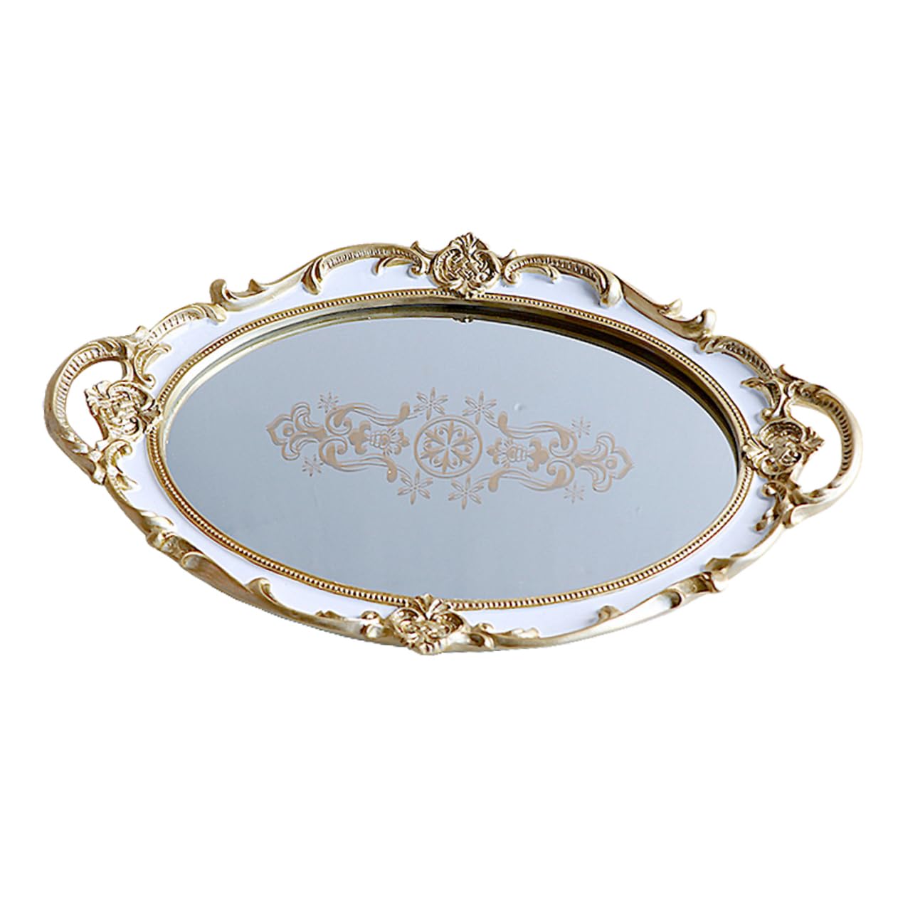 Cabilock Vassoio Decorativo Oval Storage Tray Resina Con Superficie Specchiata Porta Gioielli e Accessori Per Casa Design Floreale Bianco