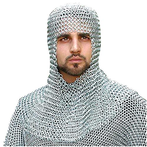 Image of AnNafi Chainmail Coif | Medieval Reenactment Armor Costume | U-Neck Aluminum Chain Mail Hood Armor Replica | Butted Rings Chain Mail Coif Silver | Wearable for Adult | Armour SCA LARP Replica