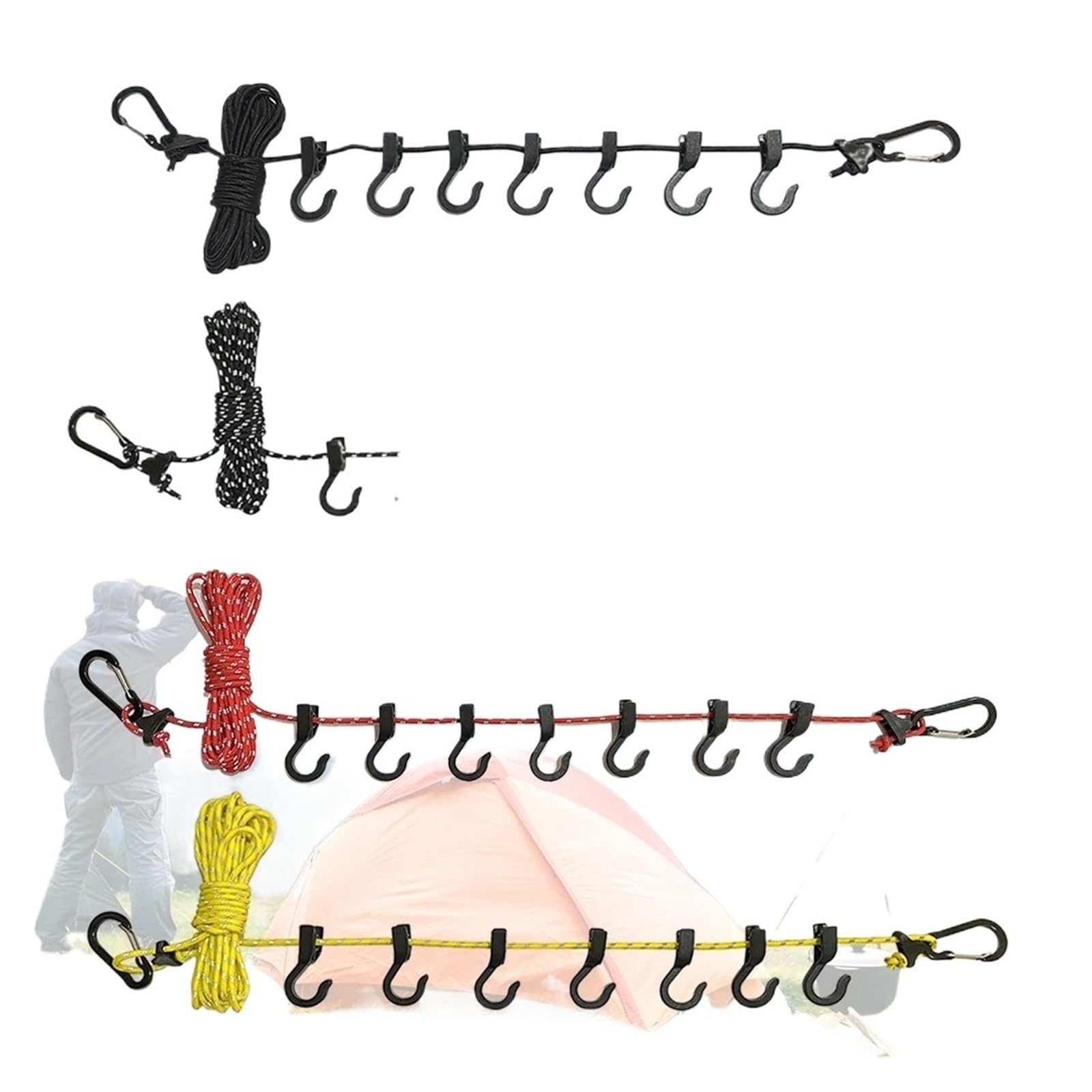 Adjustable Rope Hangers 5m Laundry Drying Hanging Rope Clothesline Adjustable Anti-slip With 7 Hook for Outdoor Camping(Black)