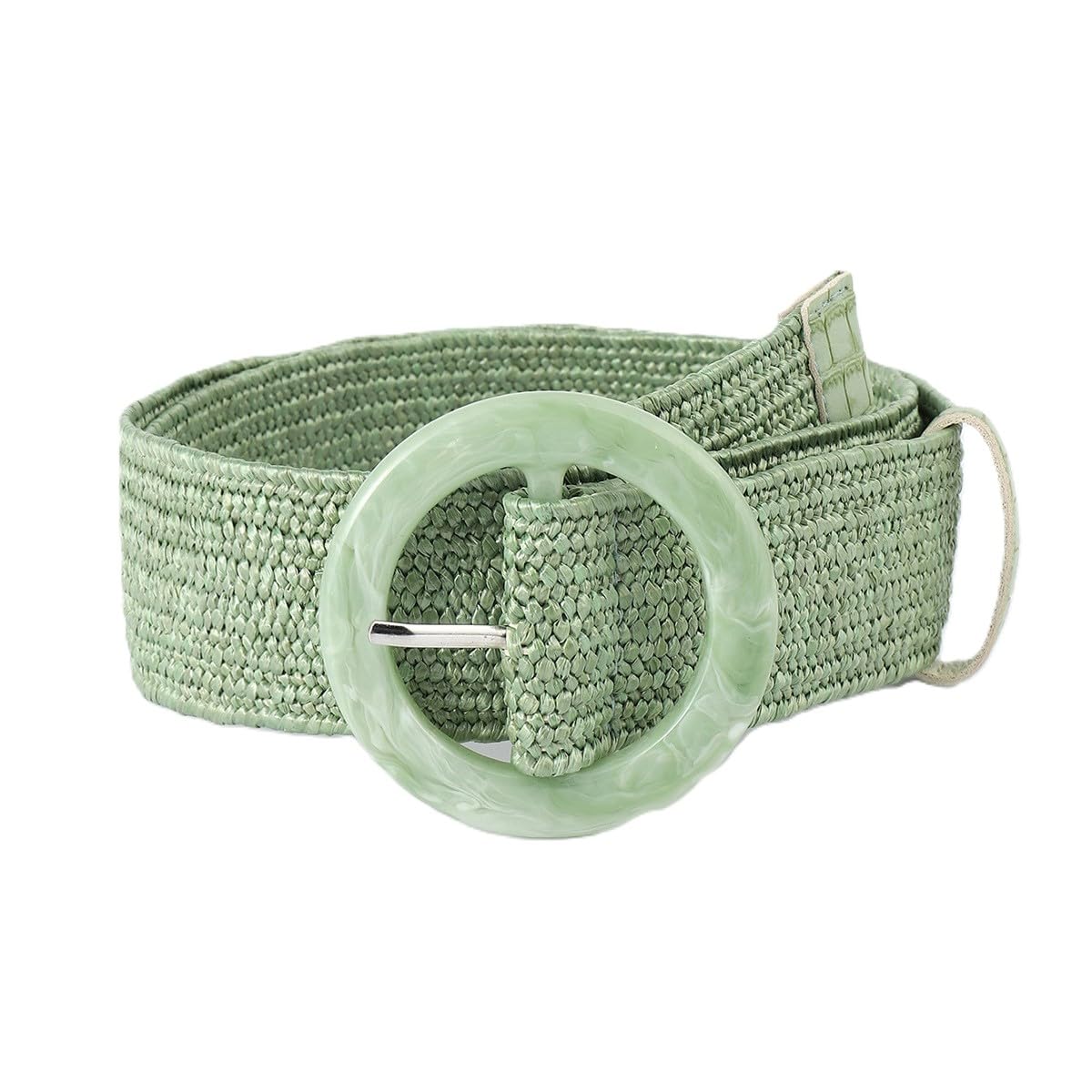 Agutalithic Women's Green Straw Braided Causal And Dress Belt 5Cm Wide Soft Woven Rattan Strap Waistband With Fashion Round Buckle(100Cm/39, )
