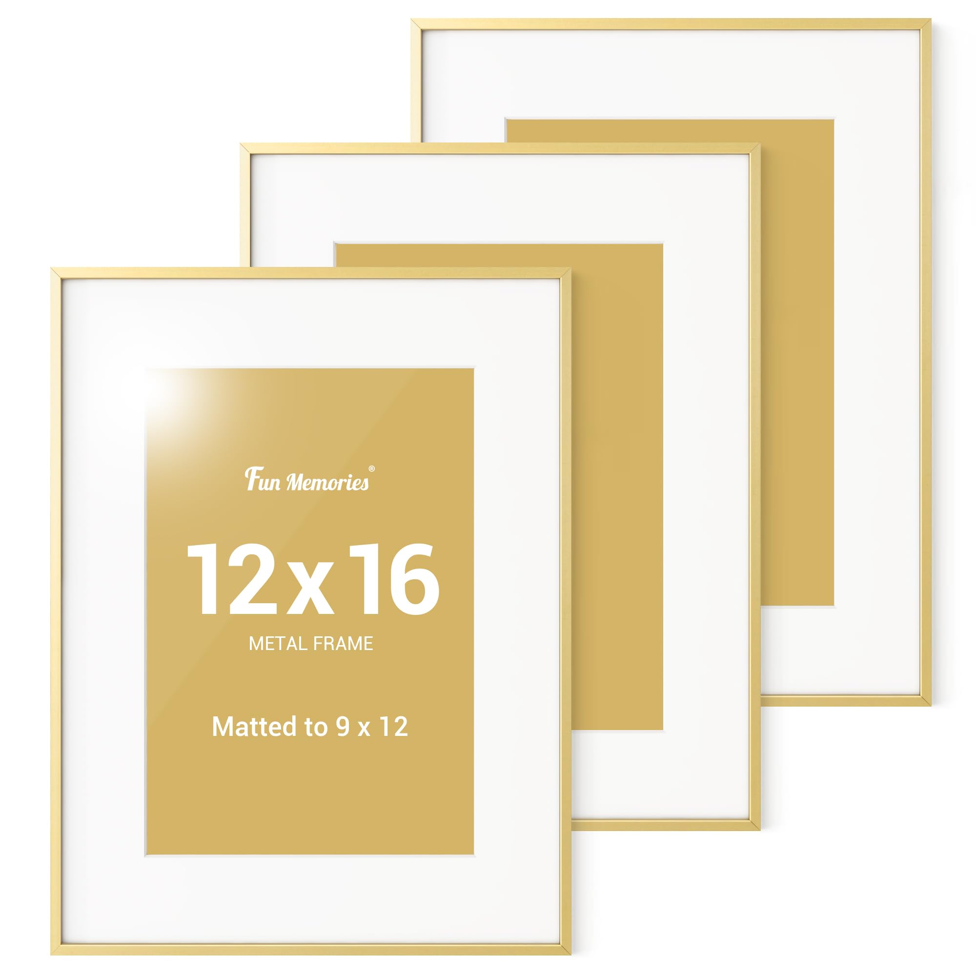 Fun Memories 12x16 Picture Frame with 9x12 Removable Mat, Gold Aluminum 12x16 Photo Frames with Plexiglass, Vertical and Horizontal Display, Wall Hook Hanging, Set of 1