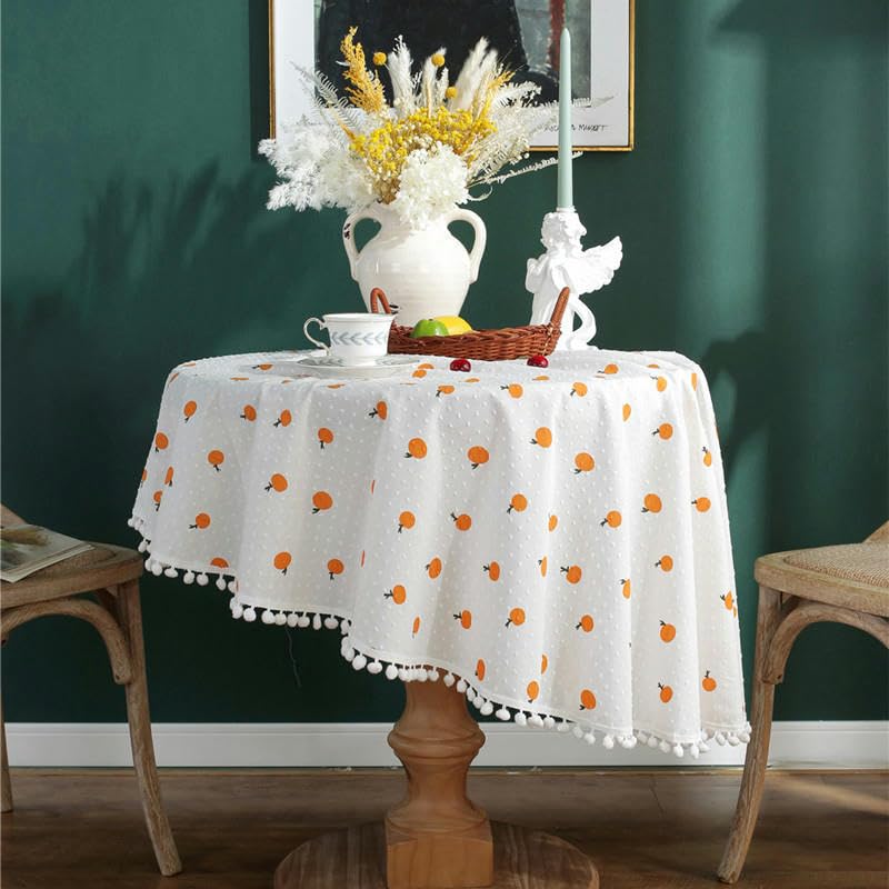 Nappe ronde orange 120cm en lin et coton style pastoral avec pompons pour table à manger circulaire