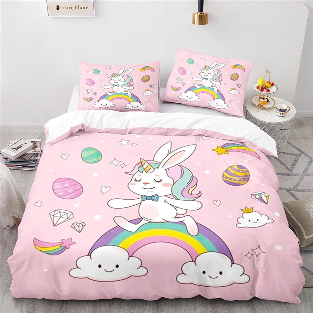 Housse de couette lapin arc-en-ciel impression 3D parure de lit 2 personnes zippée 220x240