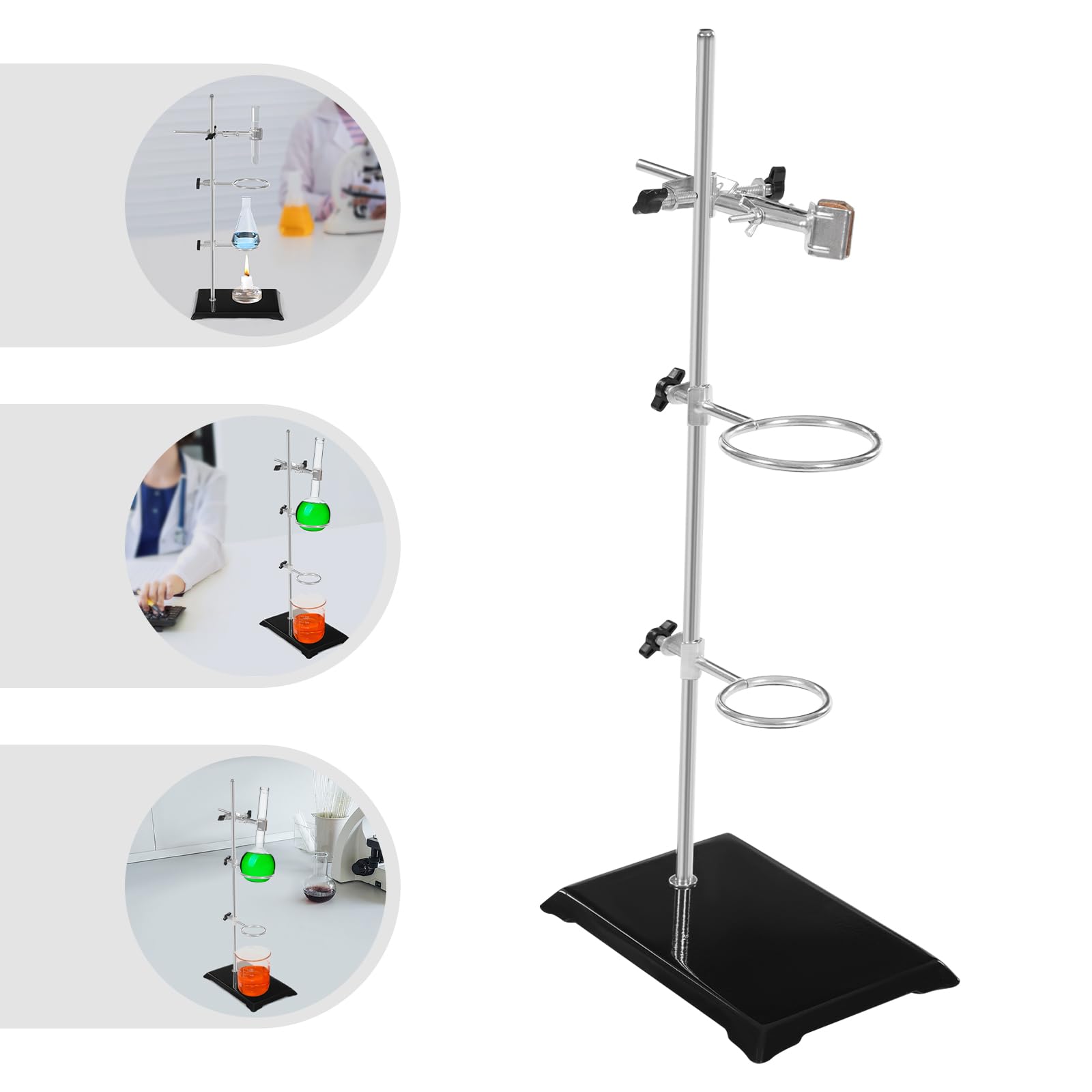 Supporto per laboratorio, 13 x 21 cm, lunghezza asta 50 cm, con morsetto regolabile in altezza, per esperimenti chimici e fisici