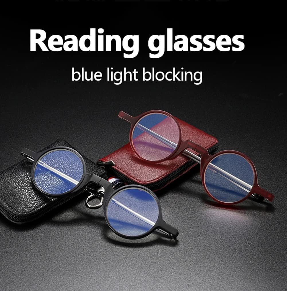 Mini Occhiali da Lettura Pieghevoli Anti-Luce Blu per Uomo E Donna, Montatura Rotonda, Nerd Reader, con Portachiavi E Custodia in Pelle, Red, 2.5X
