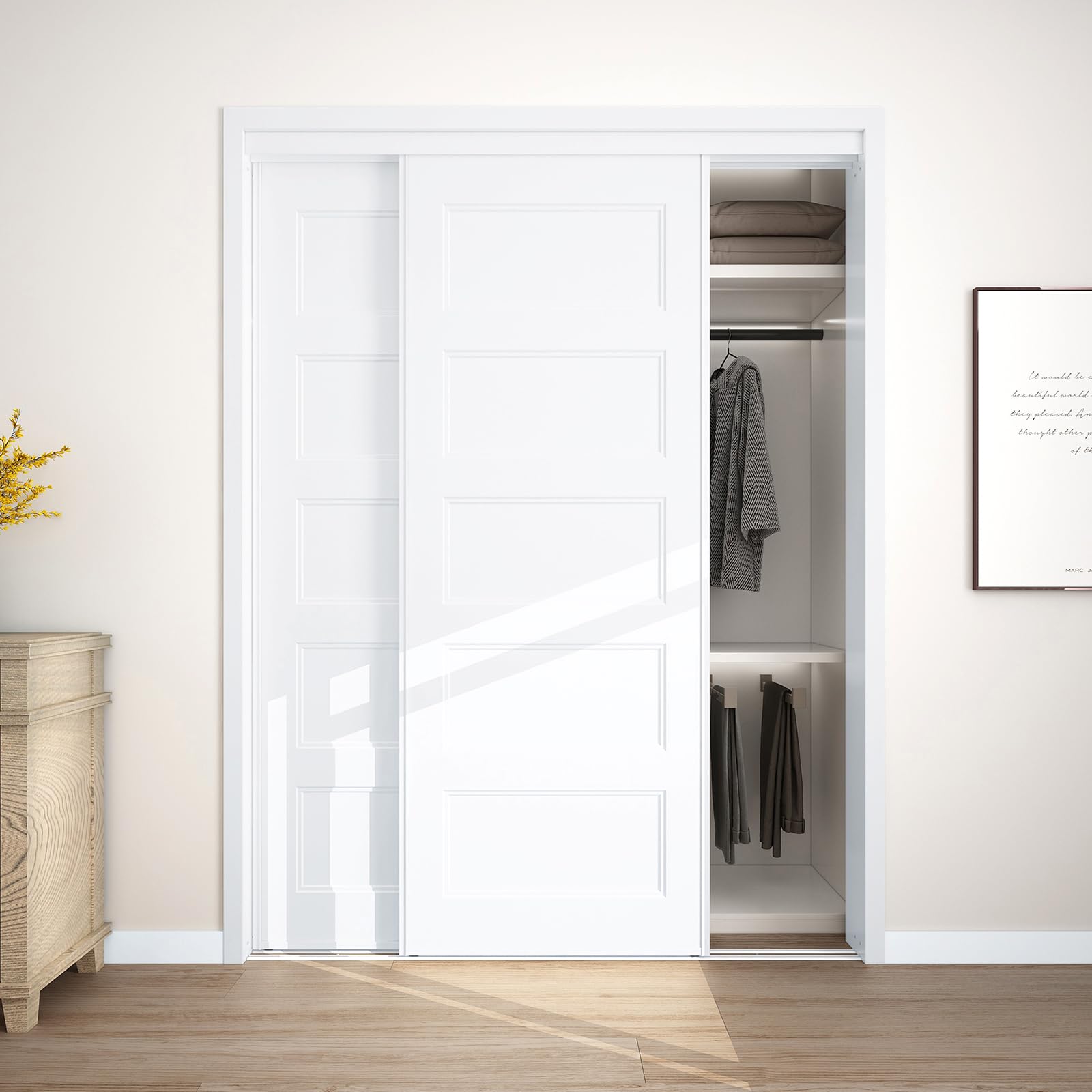 Photo 1 of JUBEST Sliding Closet Door 60"(Double 31") x80, 5-Panel Steel Frame Bypass Primed Door with Top & Bottom Track Kits, Preassembled Hardboard Panels with Paintable Surface, Durable & Sturdy