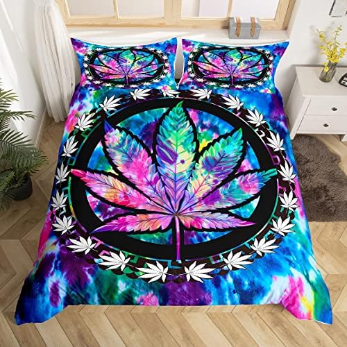 Cannabis Leaf Bedding Set Queen Size, Marijuana Weed Duvet Cover, Boho Tie Dye Trippy Leaves Comforter Cover, Kids Teens Adult Chic Fashion Botanical Decor Bedding Bedspread Cover with 2 Pillow Case