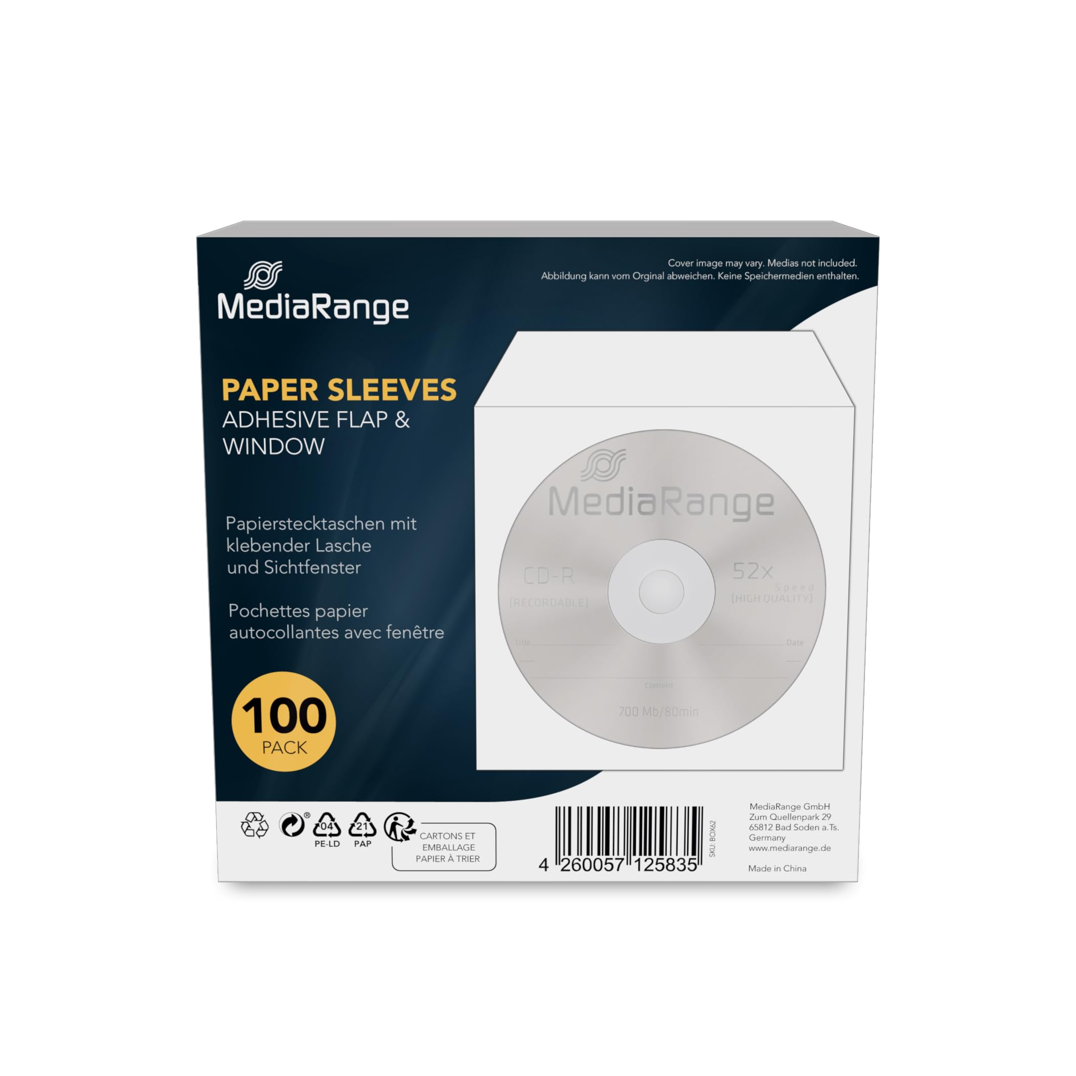 400 Mediarange CD DVD Paper Sleeves Wallet with Clear window Adhesive Flap BOX62