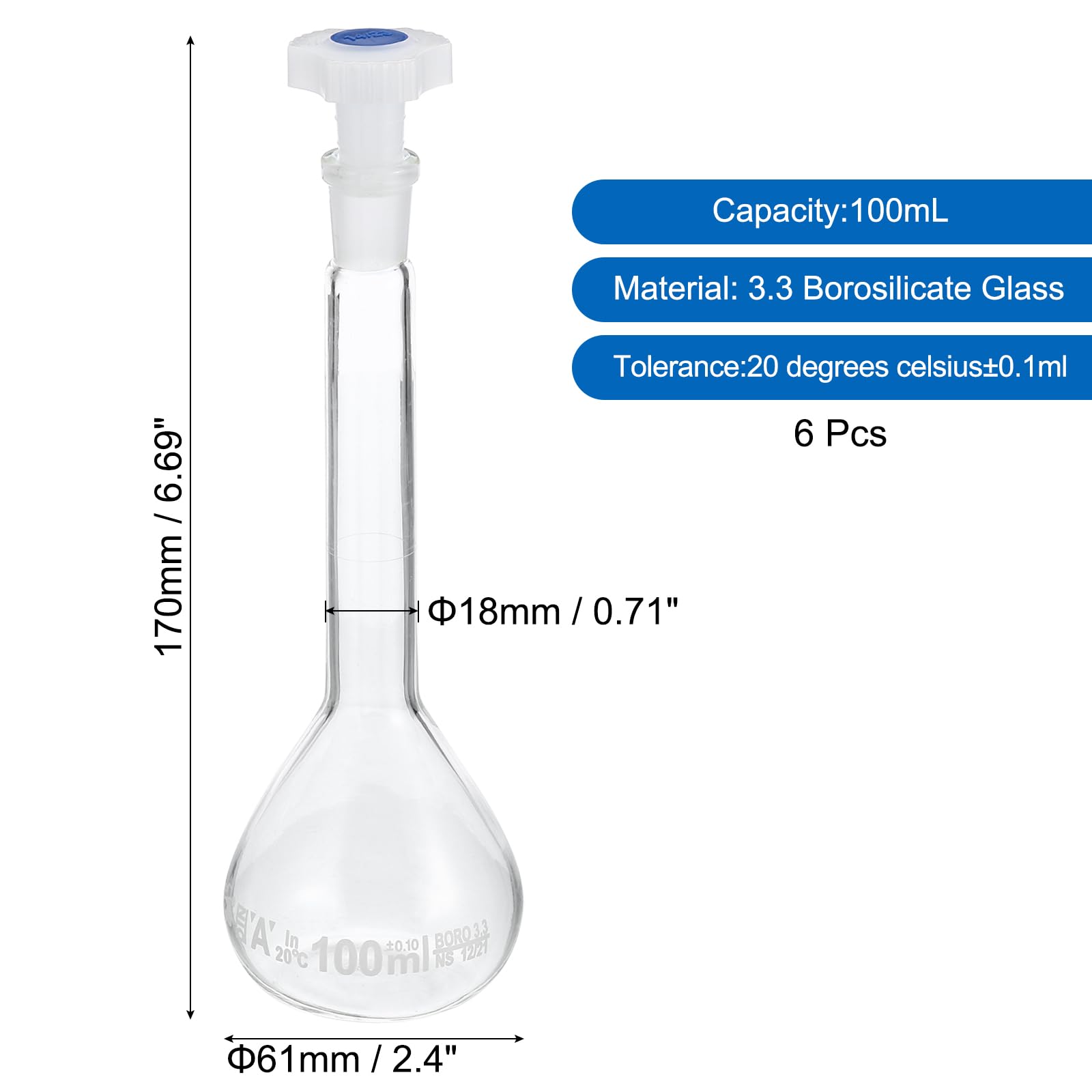 PATIKIL Flacone volumetrico da 100 ml, 6 pezzi, in vetro borosilicato 3.3, graduato, graduato, con tappo a spina, tolleranza 0,1 ml, per esperimenti di laboratorio, trasparente