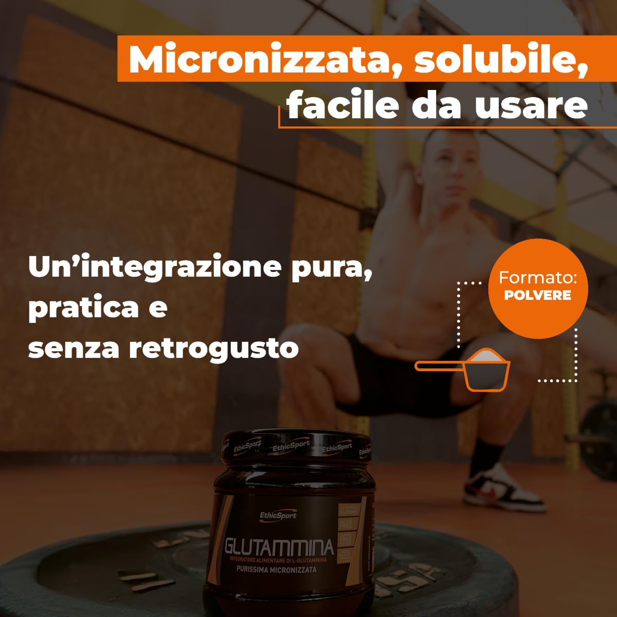 Glutammina EthicSport – 100% L-Glutammina pura micronizzata - Polvere solubile per post allenamento e sport ad alto impegno muscolare – 300g – 5g per dose – Gluten free, vegan, doping free tested*
