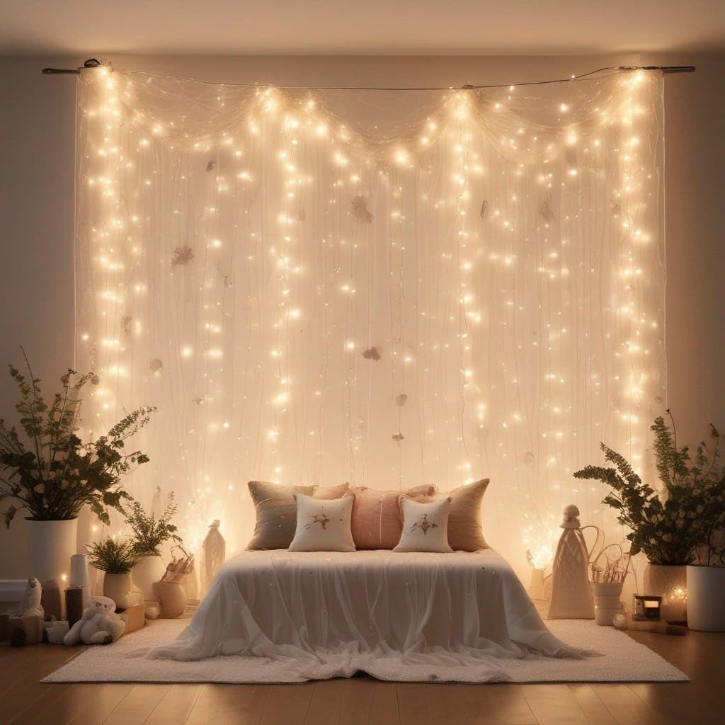 TREEWING Pooja Decoration Items for Home Decor with LED Lights, Handmade Lotus, Backdrop Net Curtain with Ribbons, Self-Adhesive Hook | Backdrop for Ganpati Decoration, Janamshtami, Diwali 3