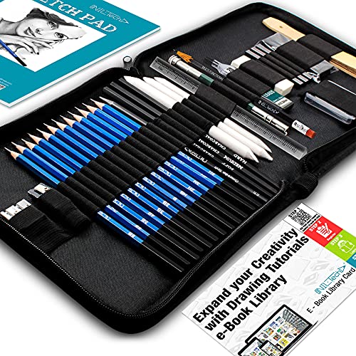 Drawing Pencil Art Supplies - 37pc Drawing Kit Art Set Includes Bonus Digital Drawing Tutorials Ebook Library, Sketchbook for Drawing, Charcoal Pencils, Kneaded Eraser, and Blending Stumps